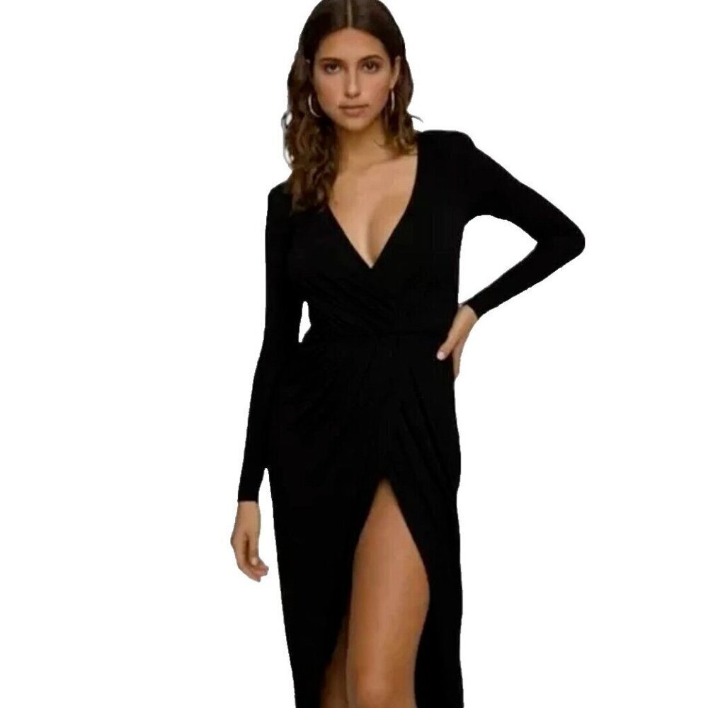 Good American Faux Wrap Midi Dress Long Sleeve Stretch Black Size 5 - Picture 1 of 9